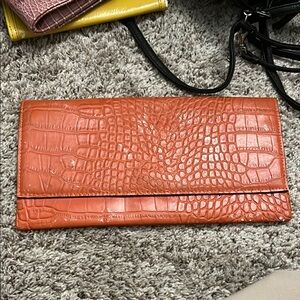 Orange Crocodile-Embossed Clutch